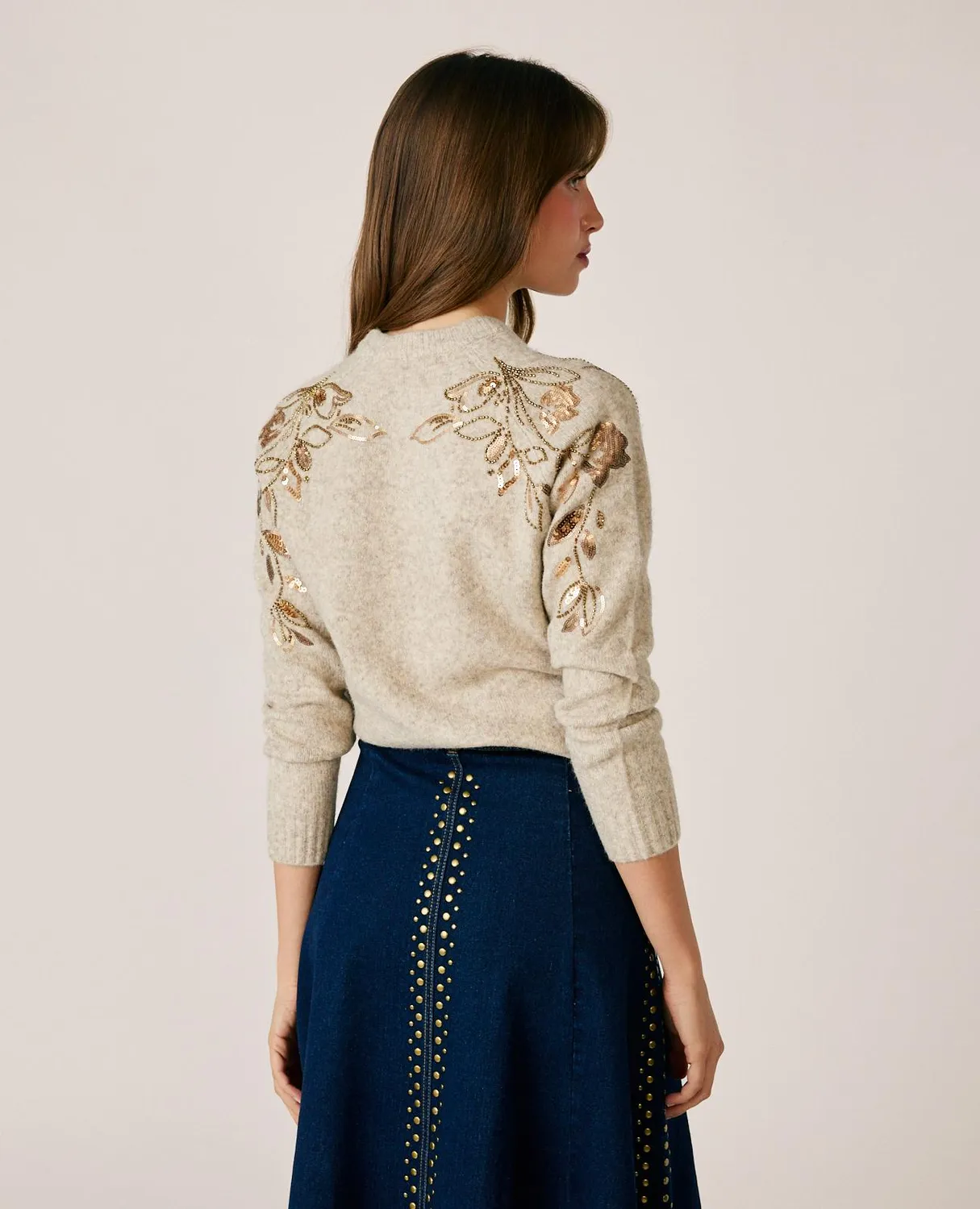 Alma en Pena I26CL0808 pull beige brodé fleurs