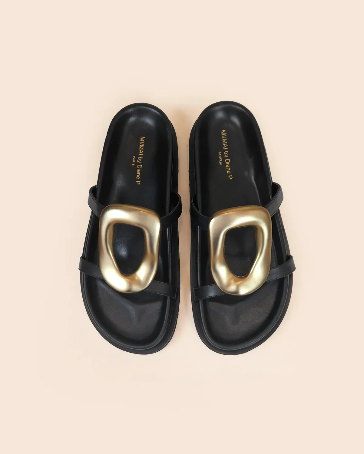 Mi/Mai Milos Black mules cuir noir bijou doré