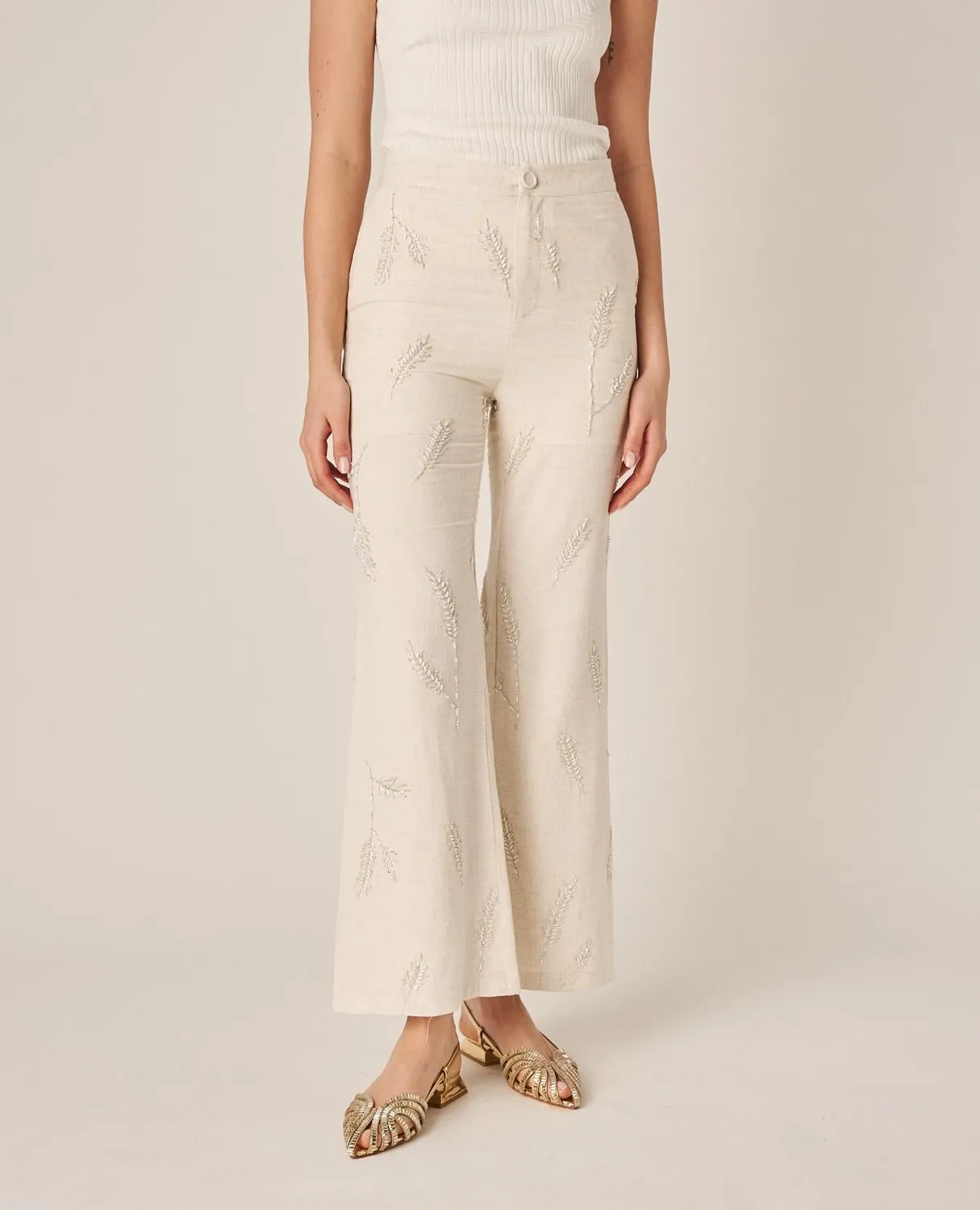 Alma en Pena V26CL1604 pantalon évasé brodé blanc