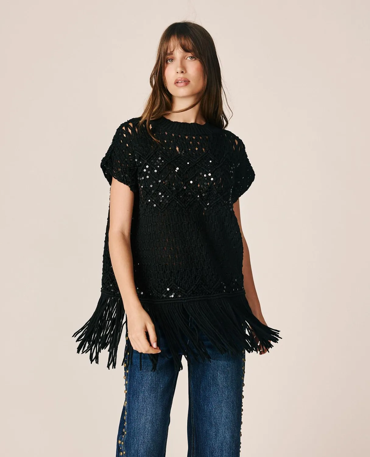 Alma en Pena I26CL1401 top noir sequins franges