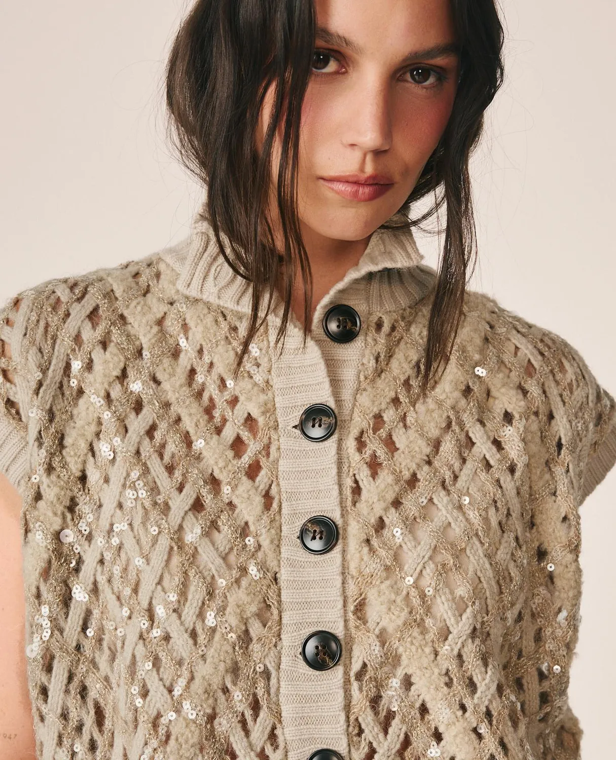 Alma en Pena I26CL1411 gilet maille ivoire laine sequins