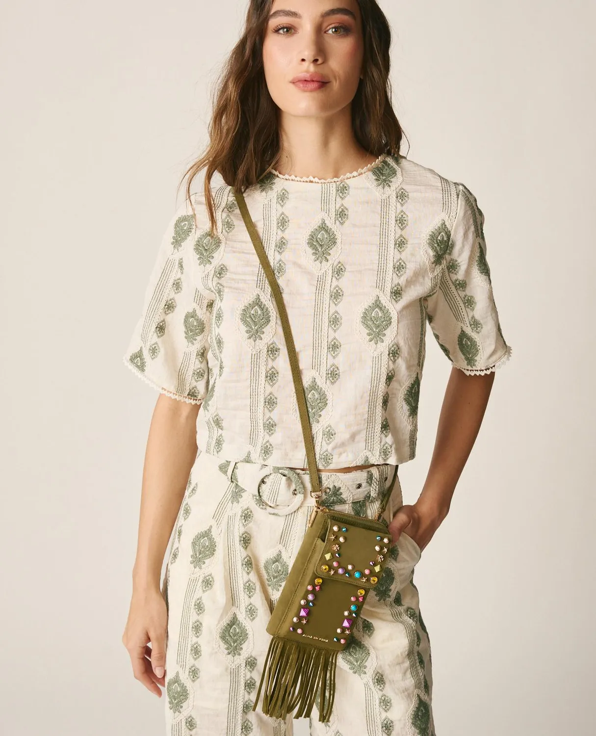 Alma en Pena V26WT018 sac cartera cuir kaki
