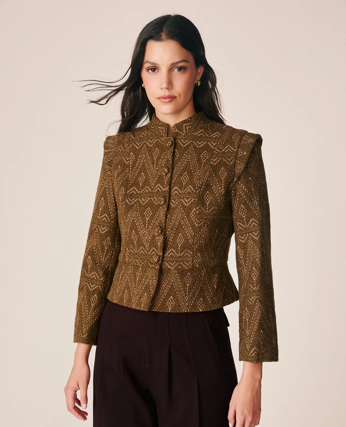 Alma en Pena I26CL1108 veste jacquard kaki géométrique