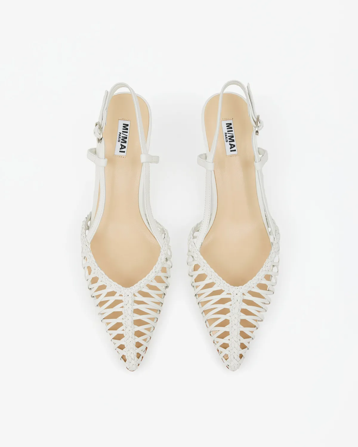 Mi/Mai Tessa White escarpins sling-back blanc cuir tressé