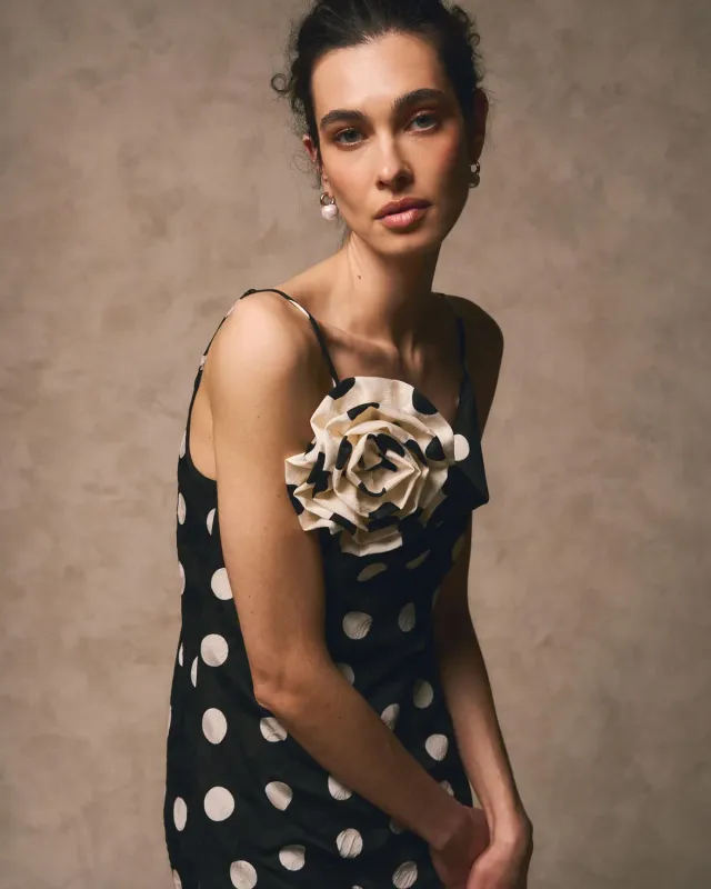 Alma en Pena V26CL0215 robe midi noire satin à pois