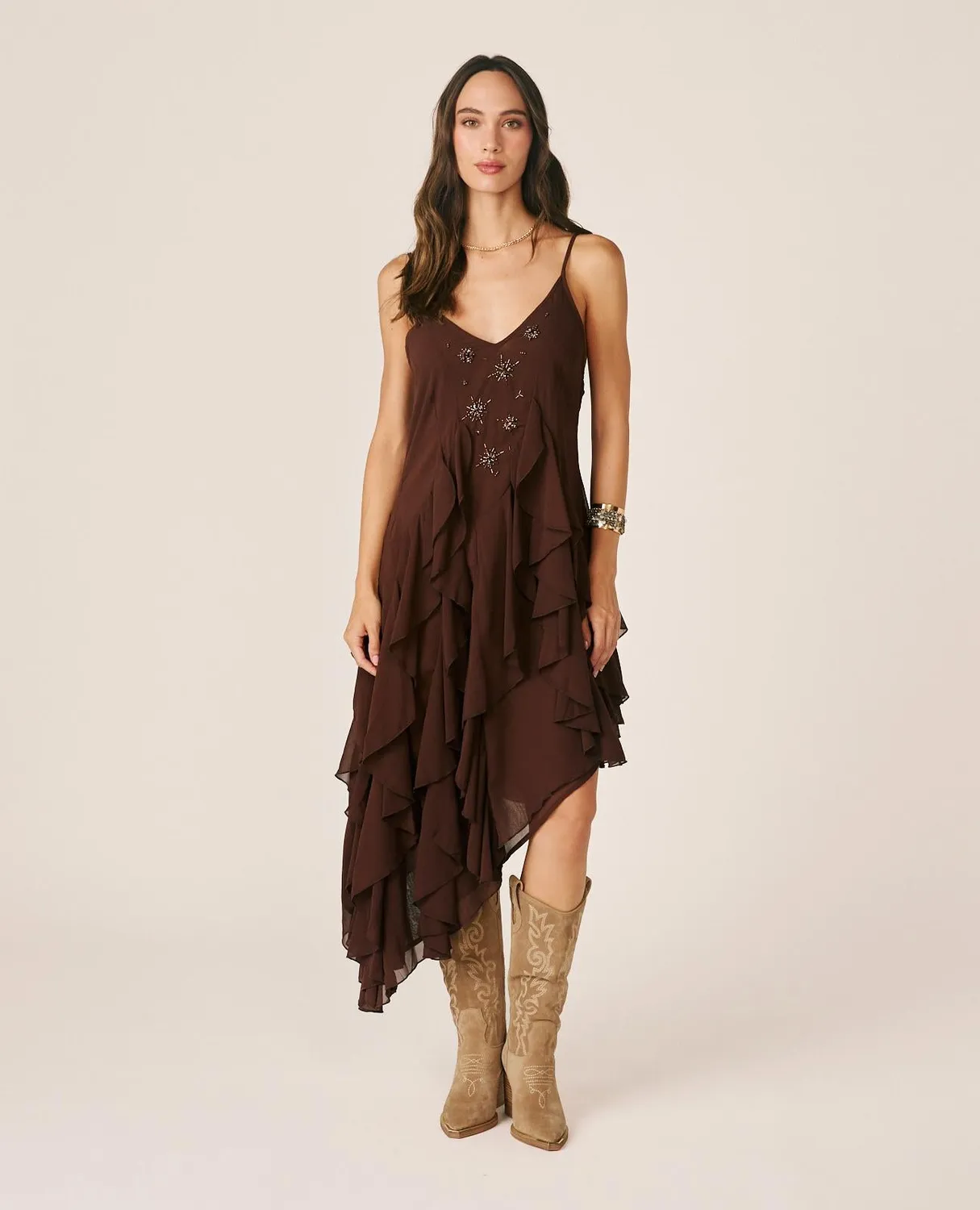 Alma en Pena I26CL0108 robe midi marron à volants