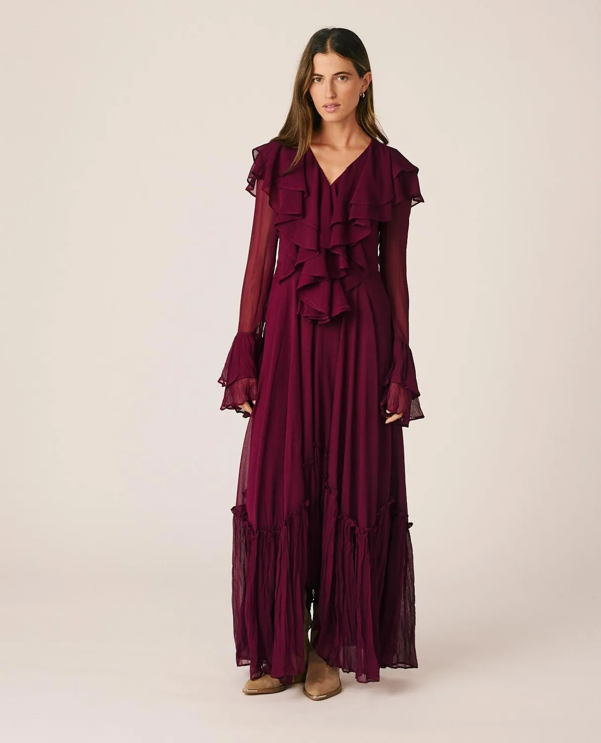 Alma en Pena I26CL0205 robe longue gaze bordeaux volants