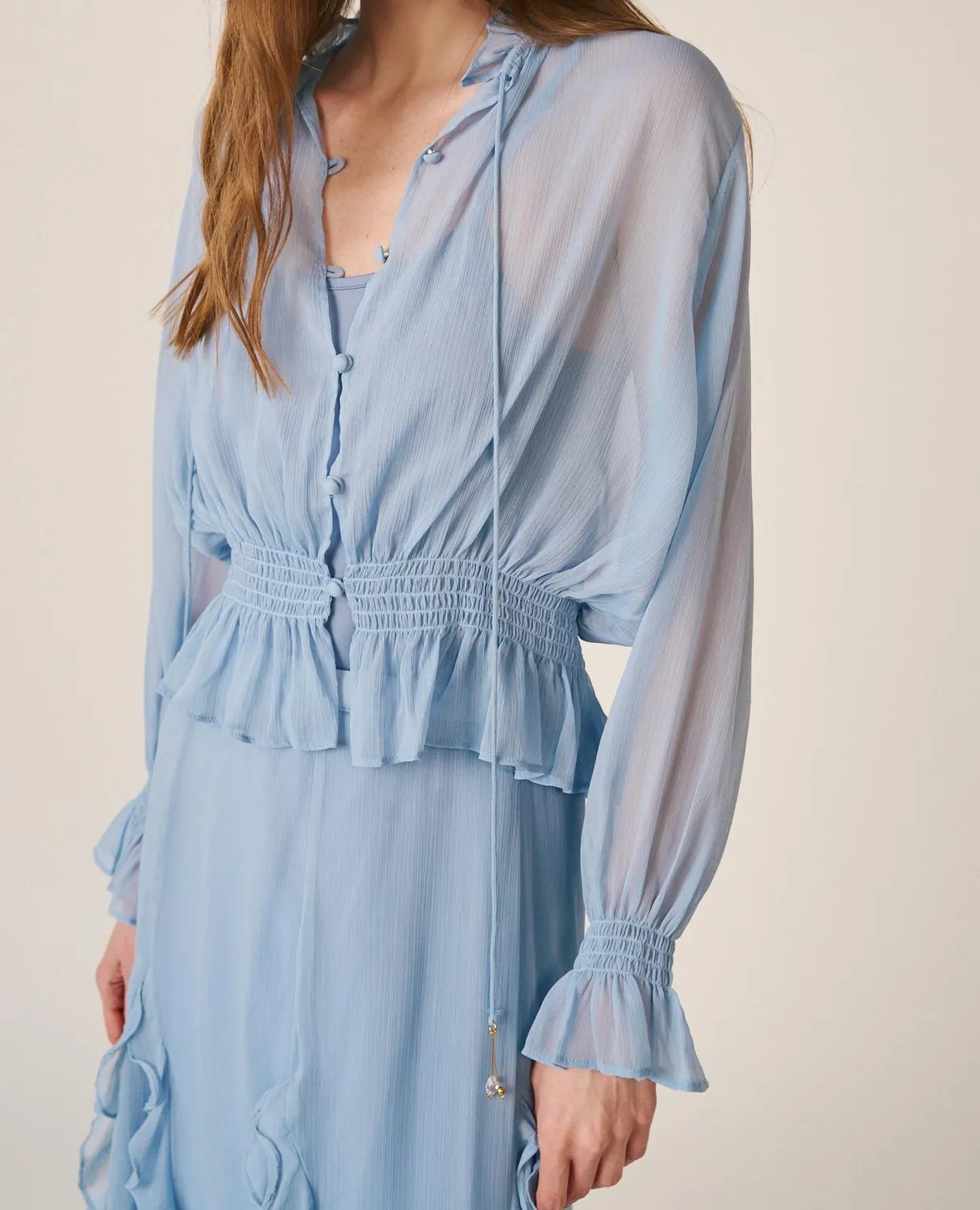 Alma en Pena V26CL0500 blouse bleu ciel gaze volants