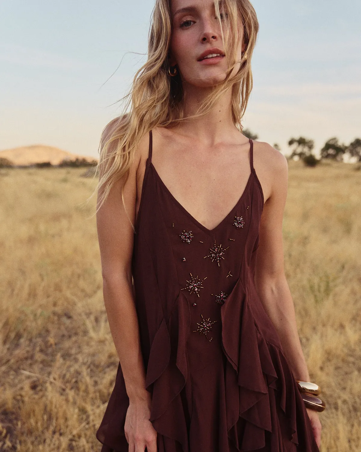 Alma en Pena I26CL0108 robe midi marron à volants