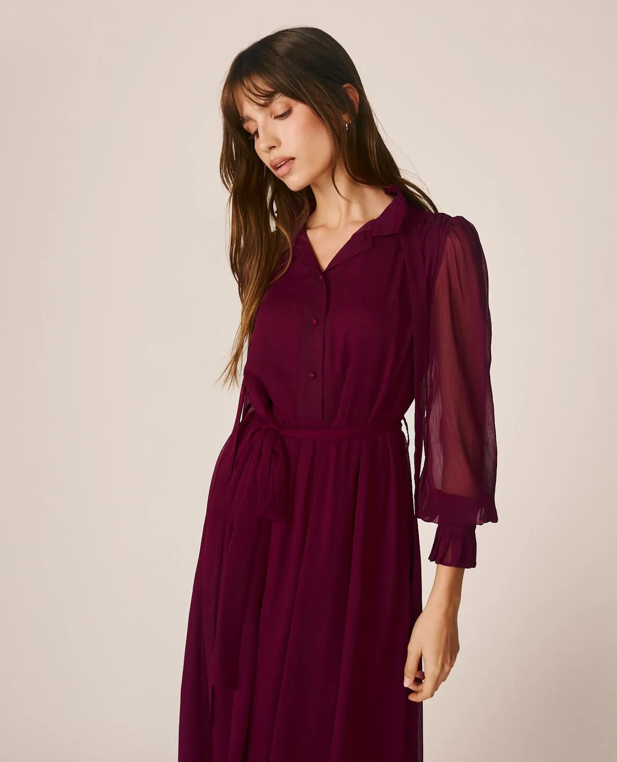 Alma en Pena I26CL0242 robe midi bordeaux gaze col chemisier