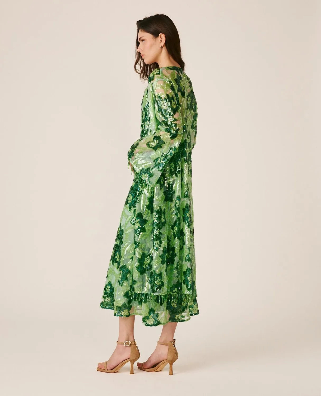Alma en Pena V26CL1302 caftan vert floral sequins
