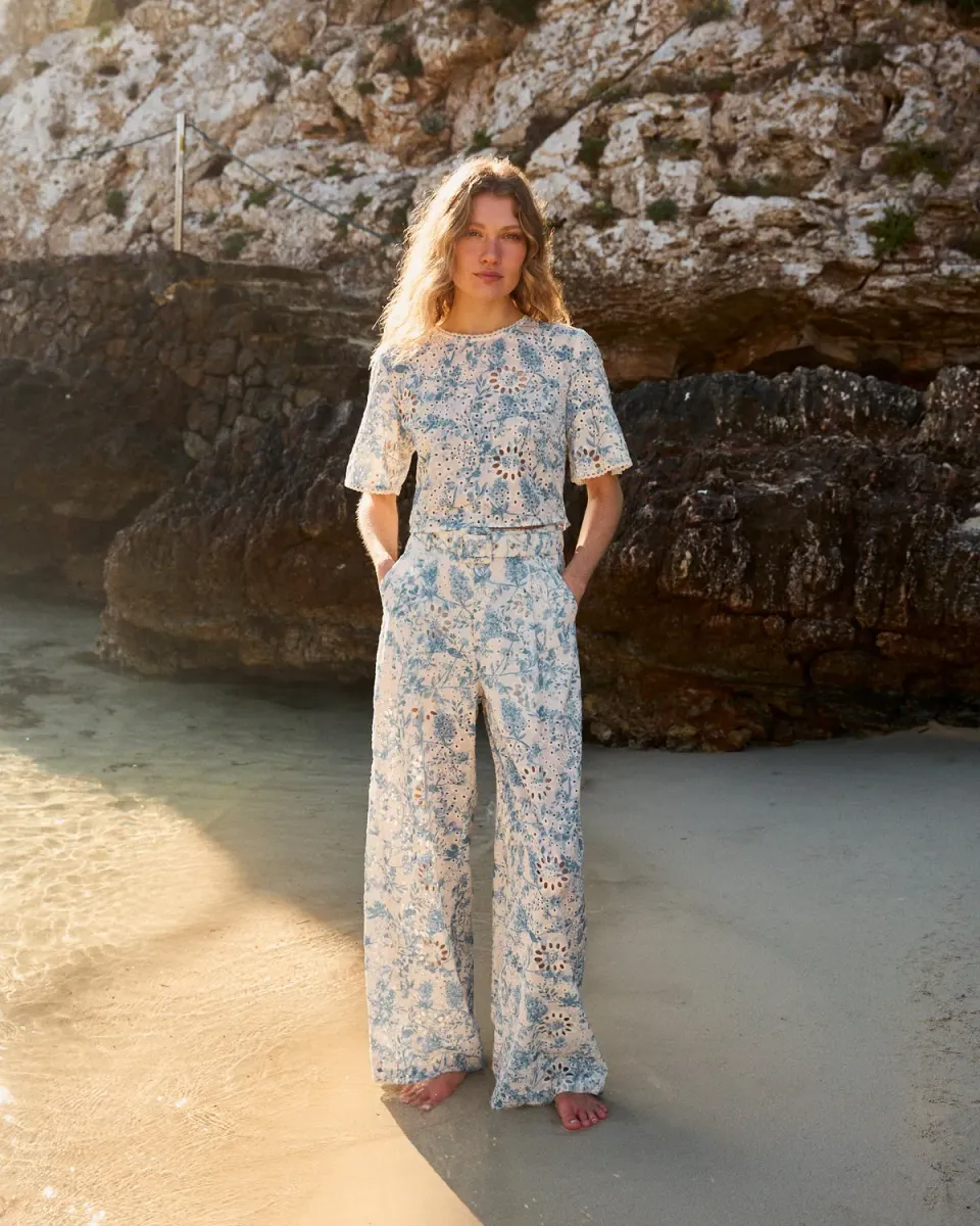 Alma en Pena V26CL1603 pantalon large bleu floral taille haute