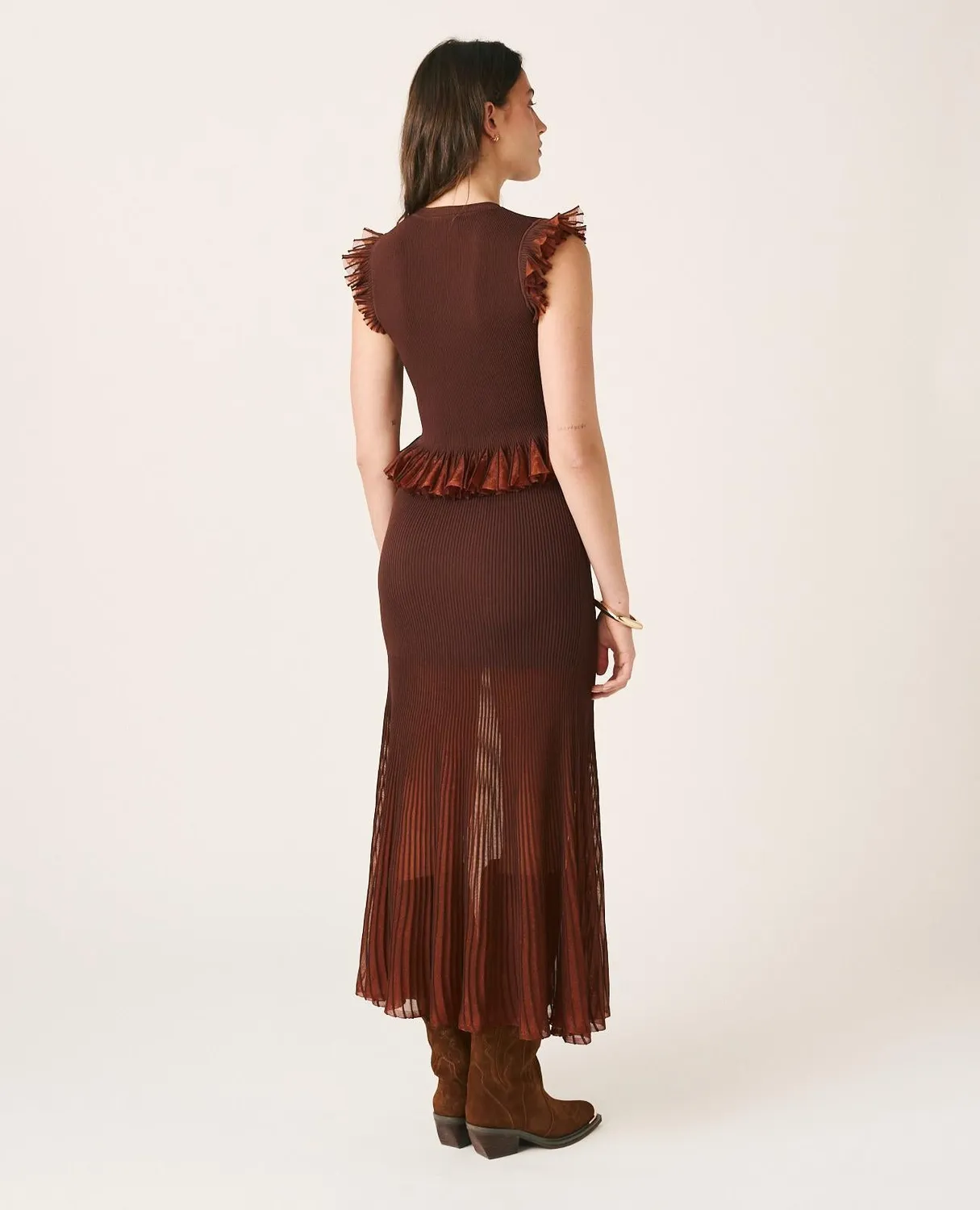 Alma en Pena I25CL1803 jupe midi marron volants