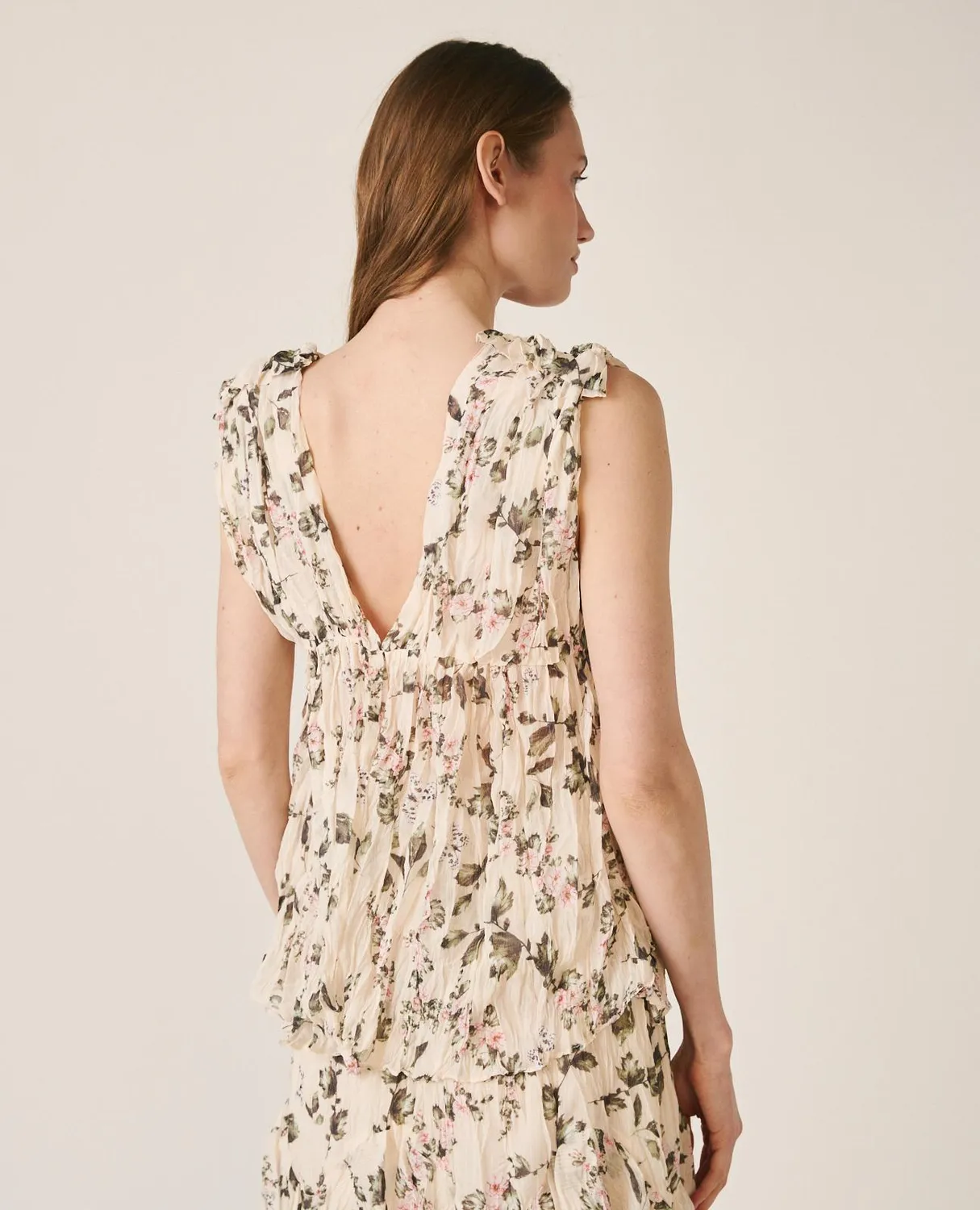 Alma en Pena V26CL0504 blouse verte fleurs sans manches