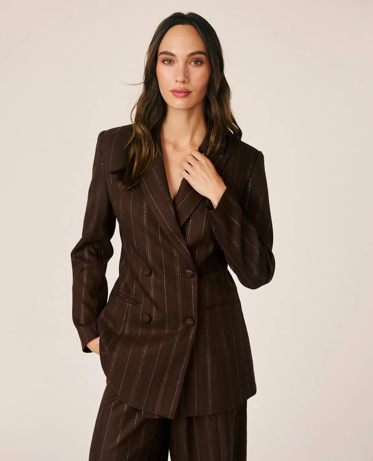 Alma en Pena I26CL1003 blazer rayé marron croisé laine