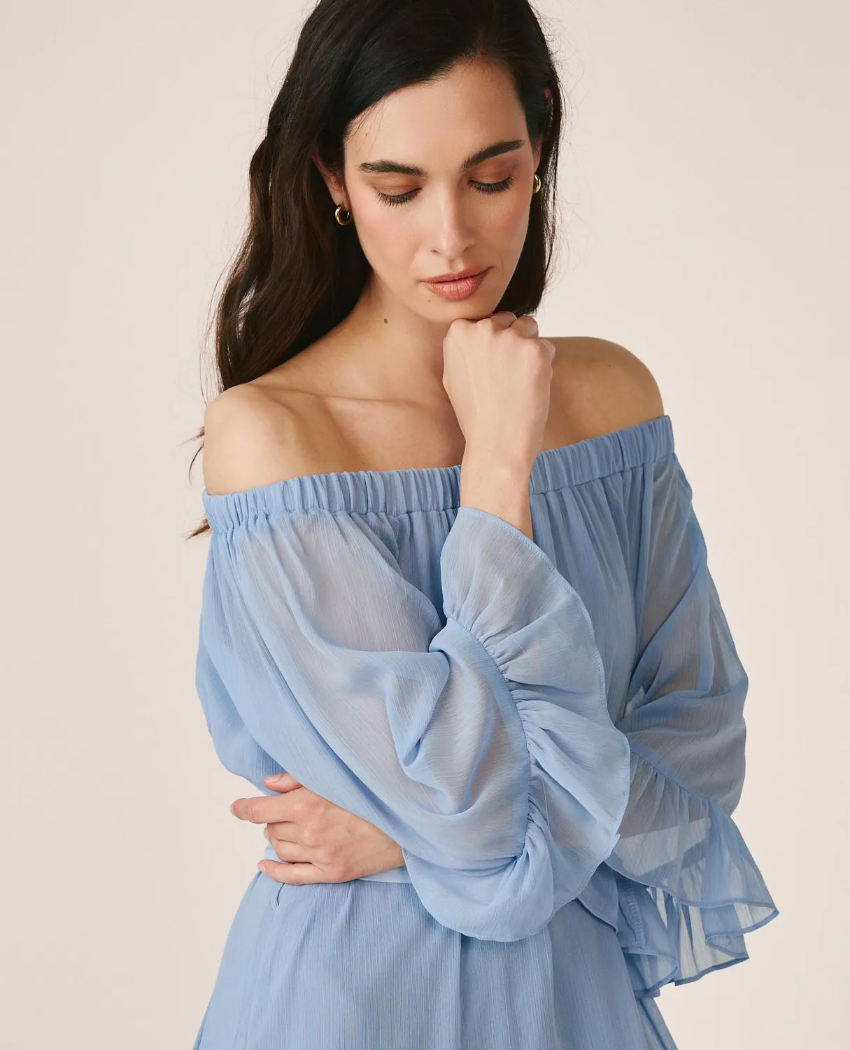 Alma en Pena V26CL0253 robe midi ciel bardot fluide