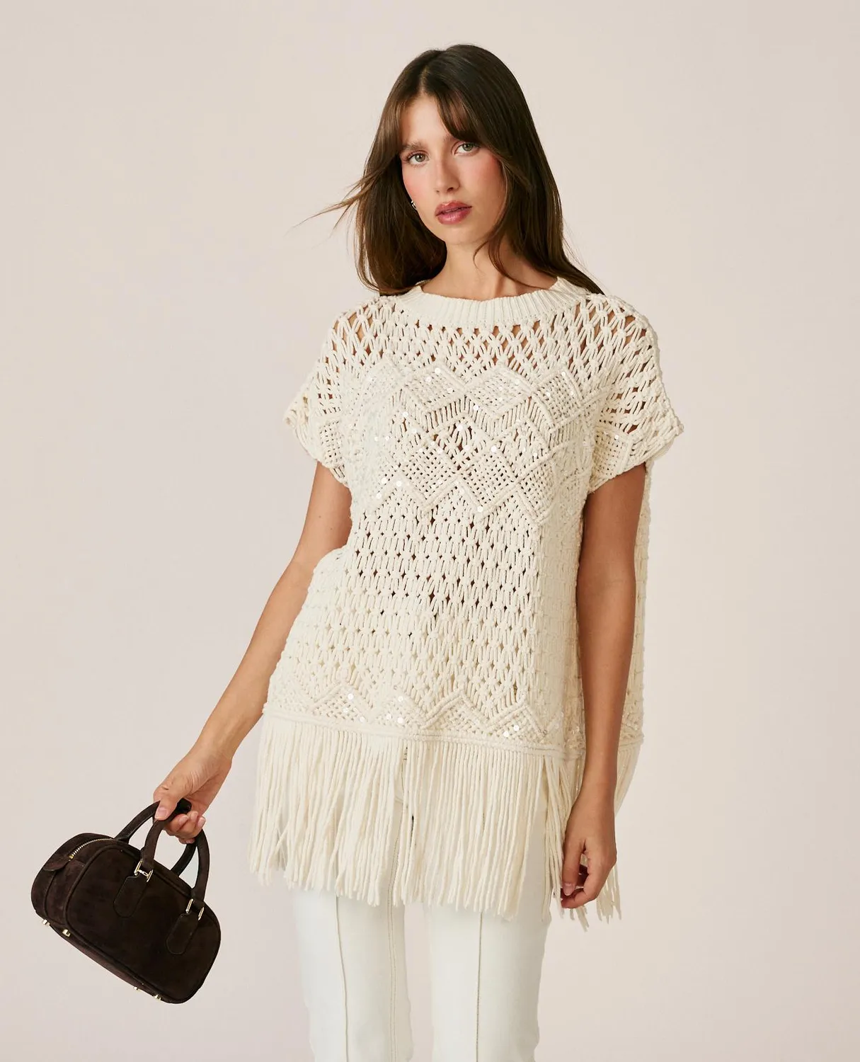Alma en Pena I26CL1405 gilet blanc ajouré à franges