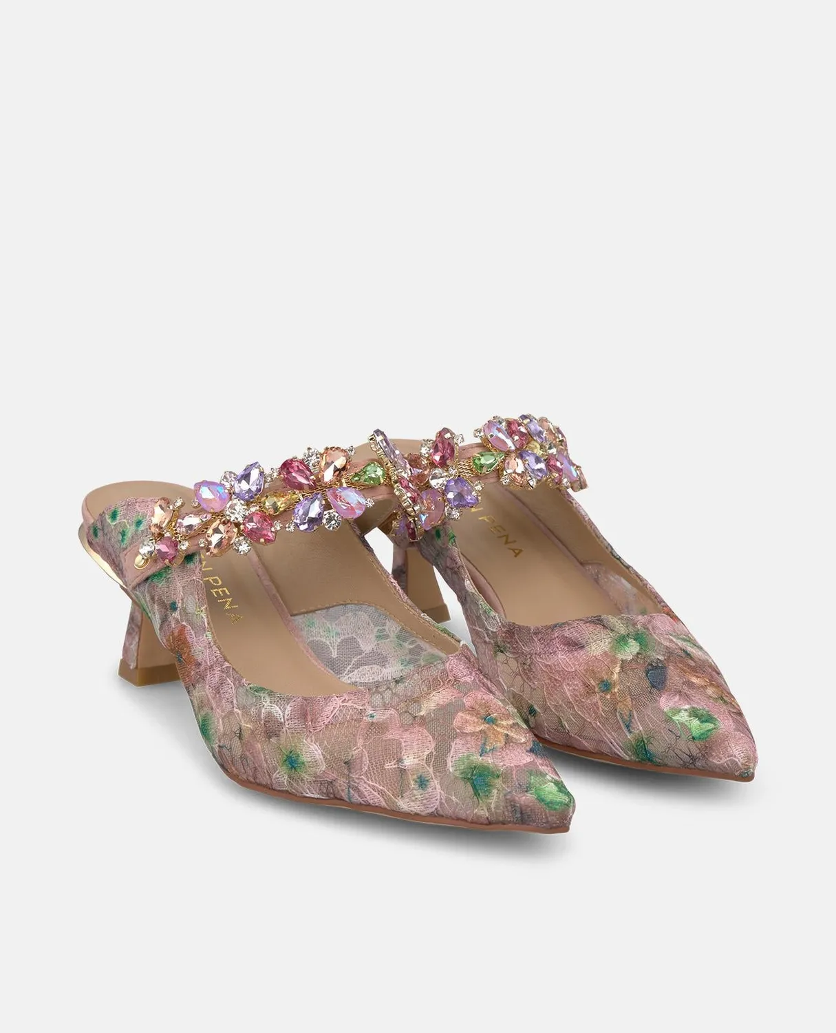 Alma en Pena V262204 Mules Rose Dentelle Talon 6 cm