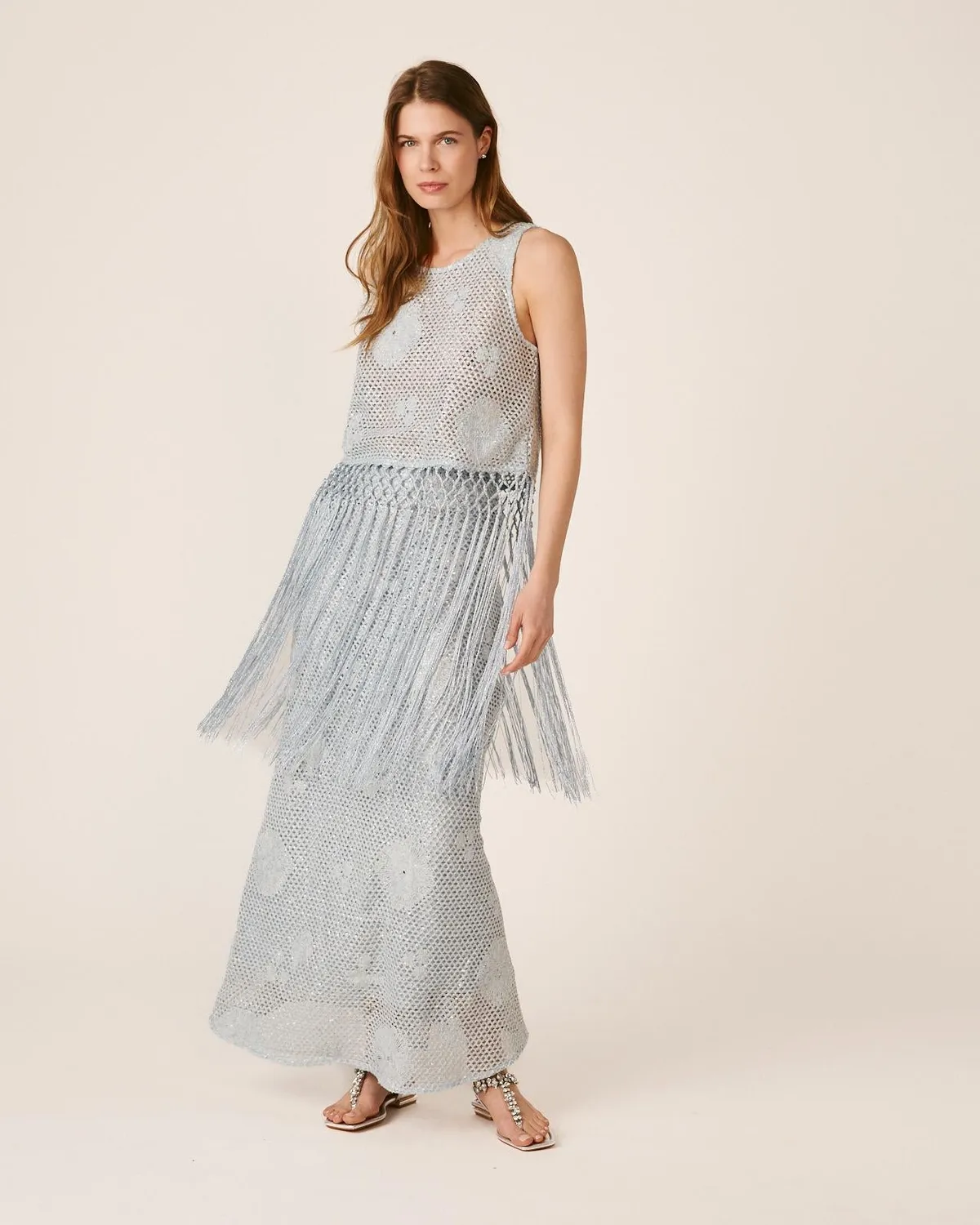 Alma en Pena V26CL1815 jupe midi bleue sequins crochet