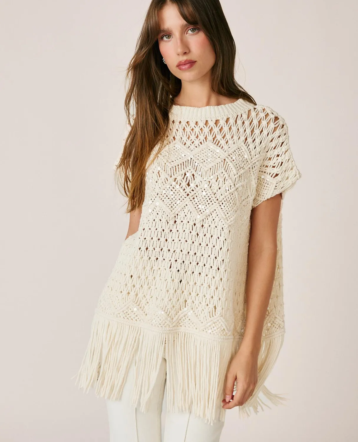 Alma en Pena I26CL1405 gilet blanc ajouré à franges