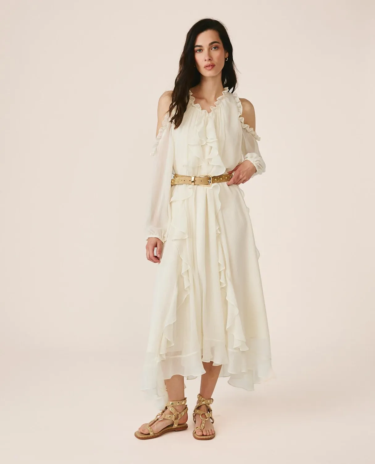 Alma en Pena V26CL0236 robe midi fluide blanche volants