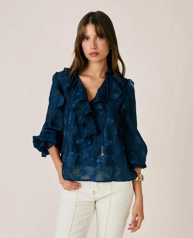Alma en Pena I26CL0402 blouse jacquard bleu broderie