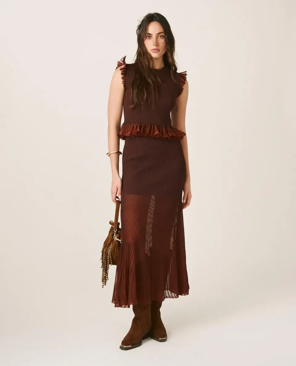 Alma en Pena I25CL1803 jupe midi marron volants