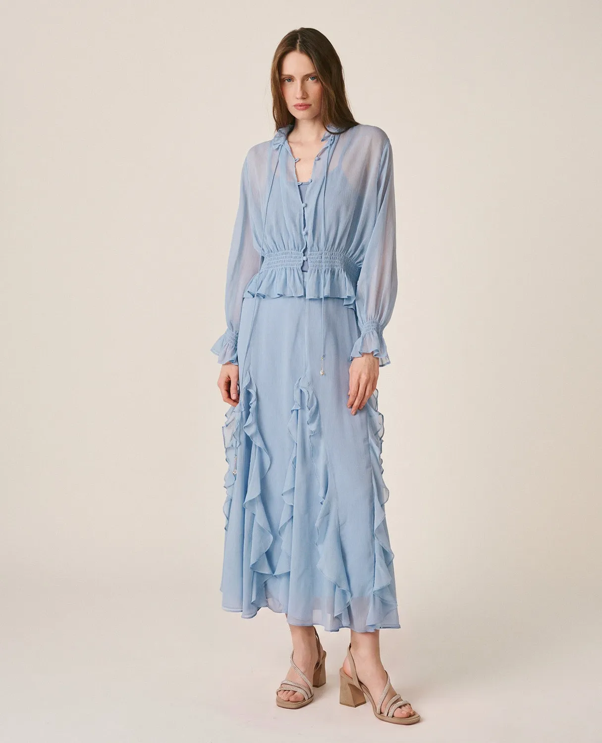 Alma en Pena V26CL0500 blouse bleu ciel gaze volants
