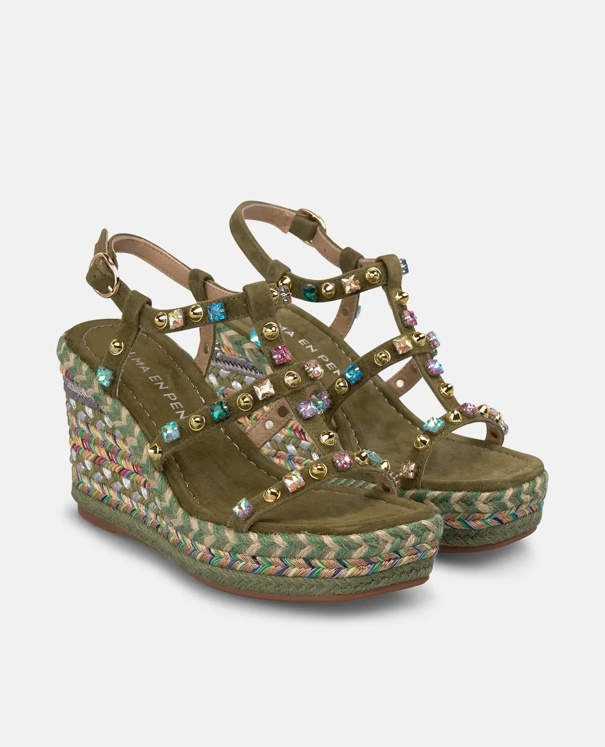 Alma en Pena V266101 sandales compensées kaki cloutées