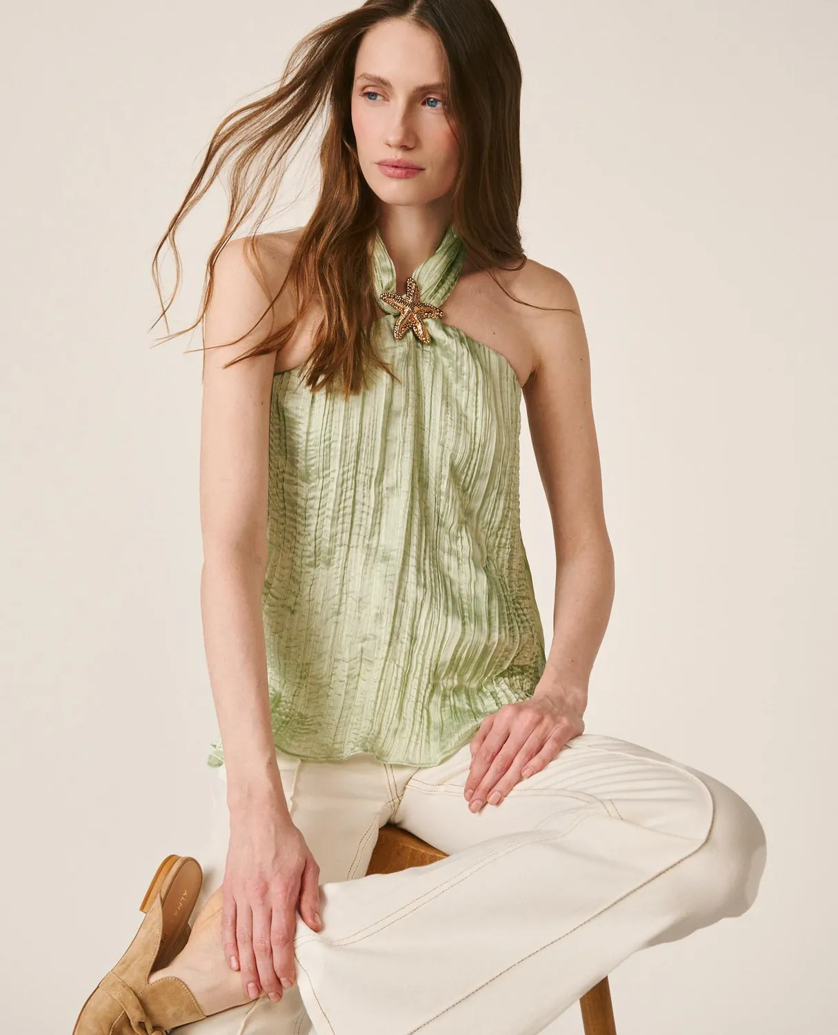 Alma en Pena V26CL0514 blouse satin verte halter