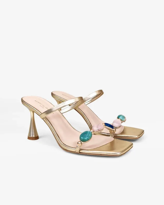 Mi/Mai Naxos Gold mules dorées cabochons talon soirée