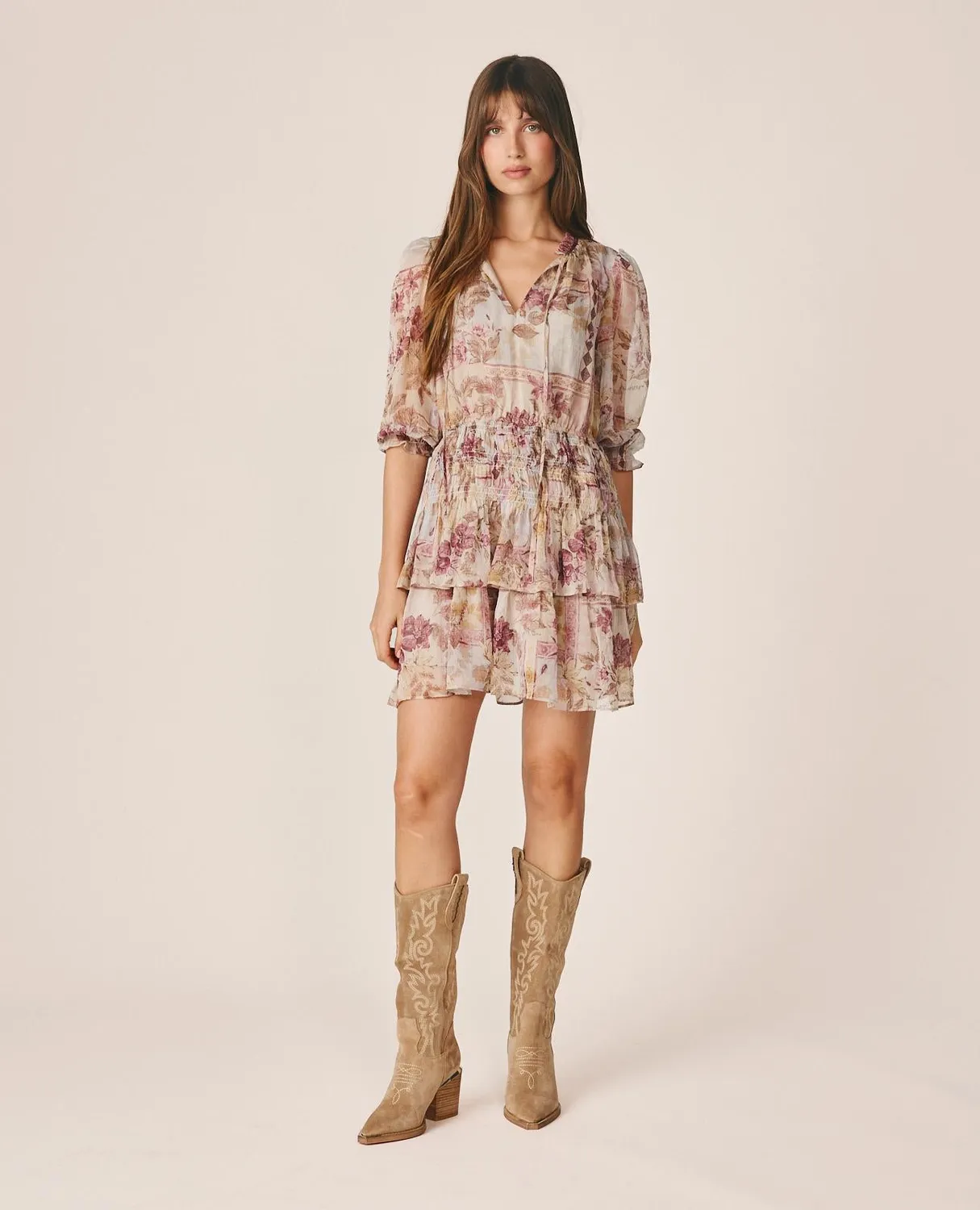 Alma en Pena I26CL0110 robe courte gaze rose fleurie