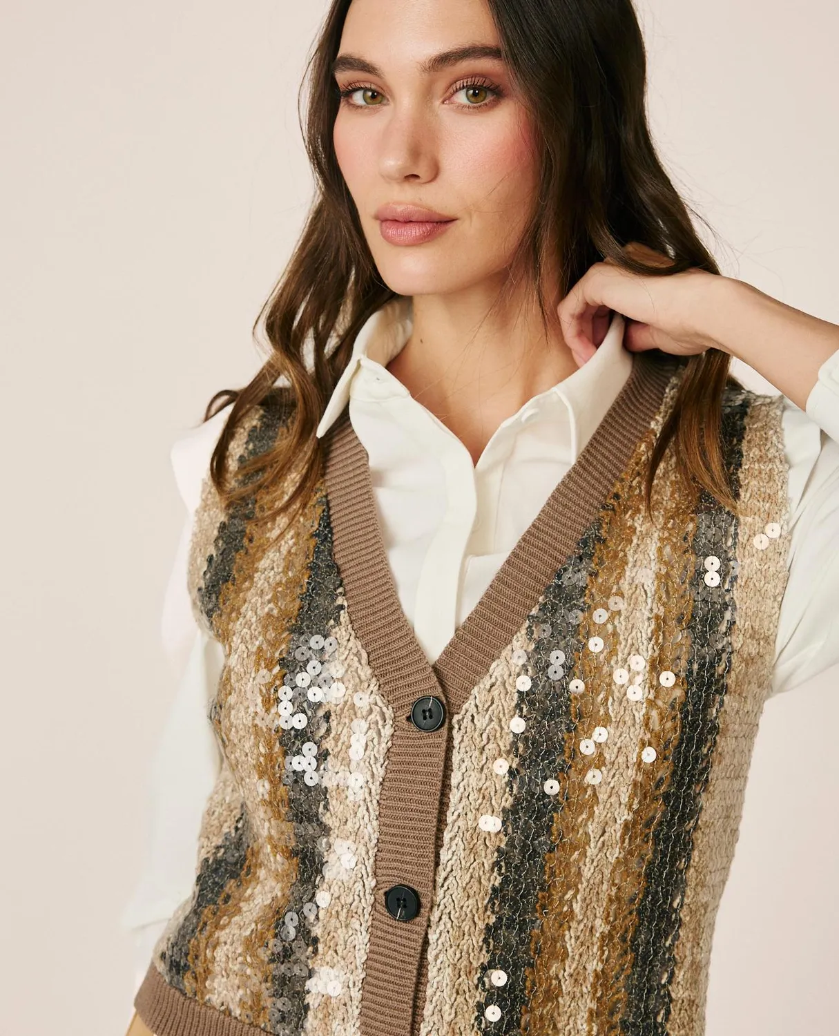 Alma en Pena I26CL1406 gilet maille marron sequins