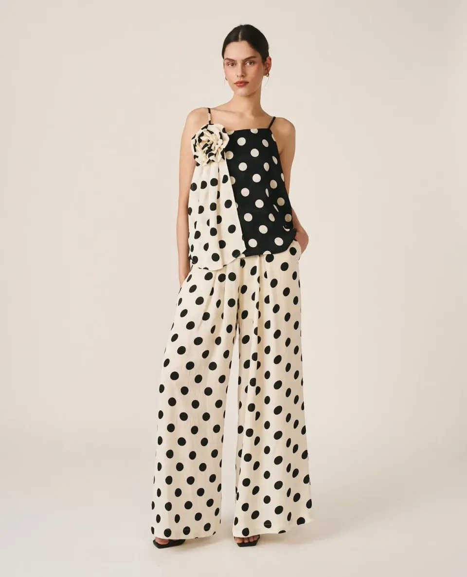 Alma en Pena V26CL1608 pantalon satin blanc à pois large