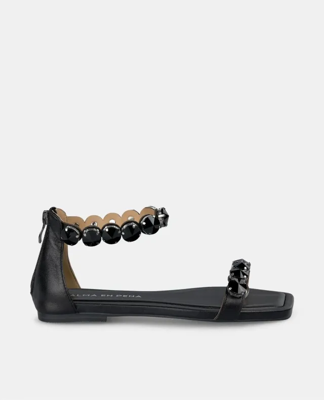Alma en Pena V251963 sandales plates noir cuir strass 1 cm