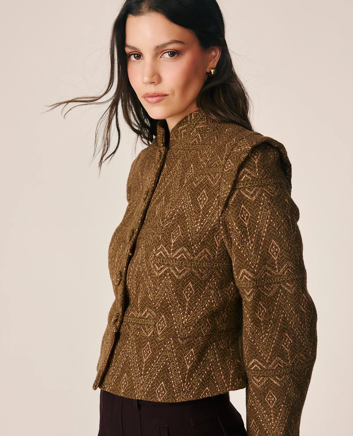 Alma en Pena I26CL1108 veste jacquard kaki géométrique