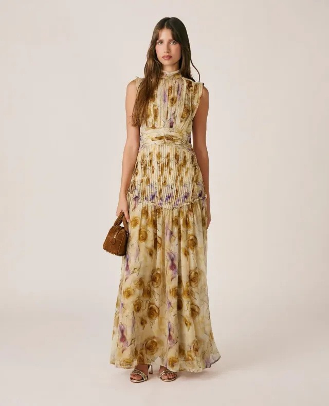 Alma en Pena I26CL0203 robe longue moutarde floral