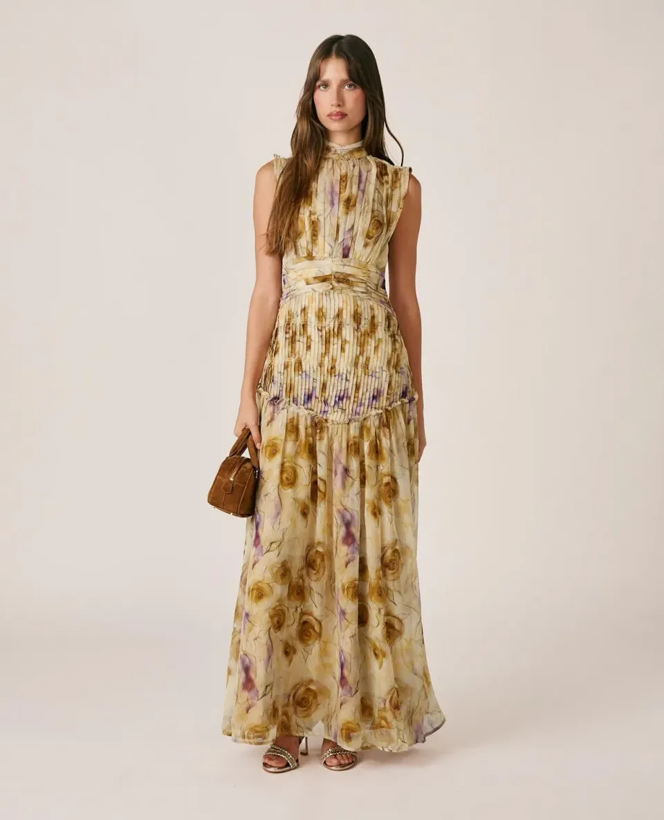Alma en Pena I26CL0203 robe longue moutarde floral