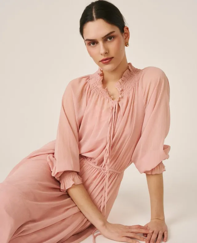 Alma en Pena V26CL0255 robe longue rose col froncé