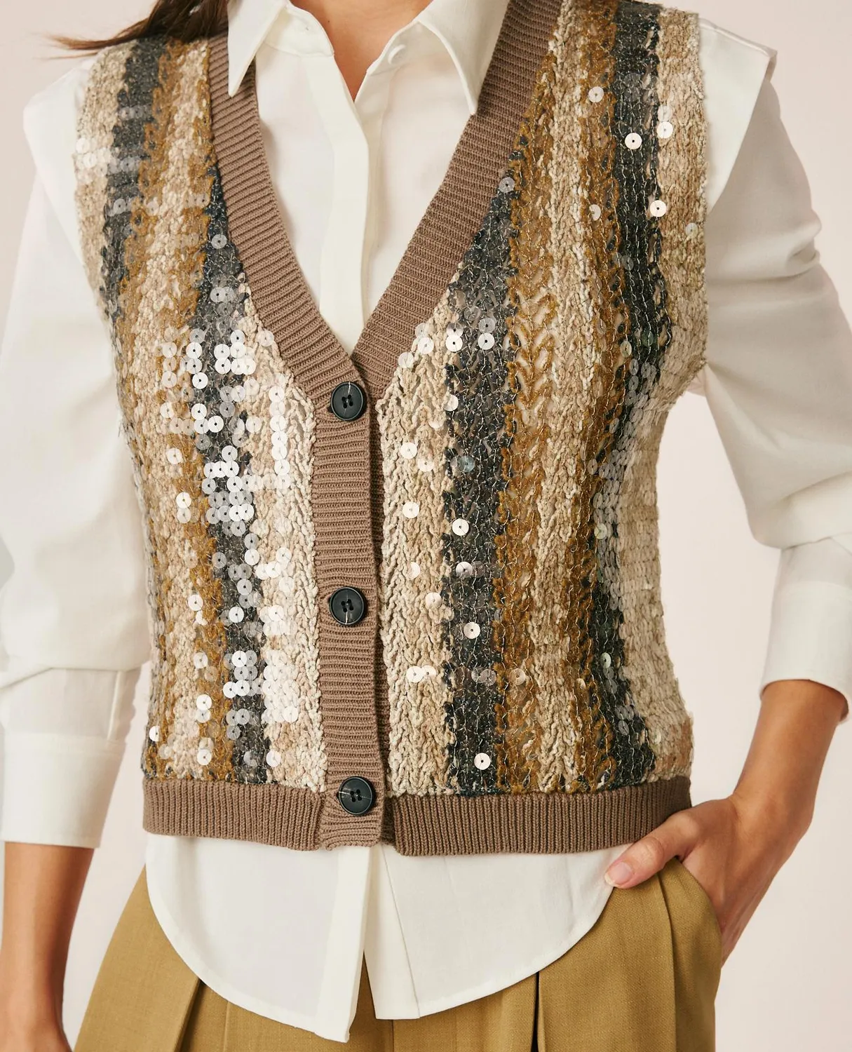 Alma en Pena I26CL1406 gilet maille marron sequins