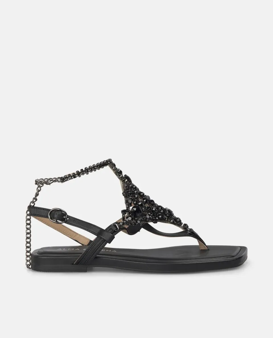 Alma en Pena V268427 sandales cuir noir strass plates