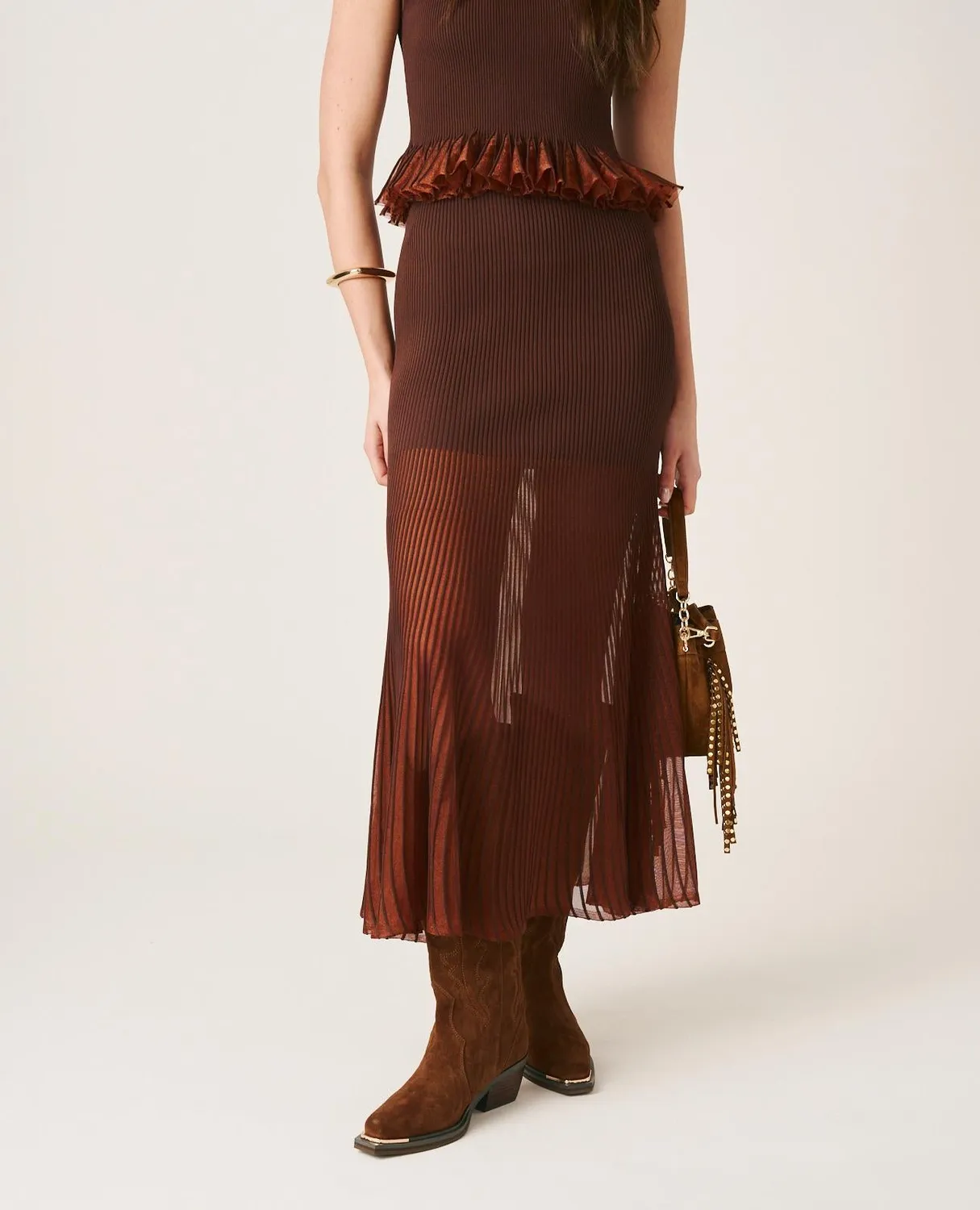 Alma en Pena I25CL1803 jupe midi marron volants