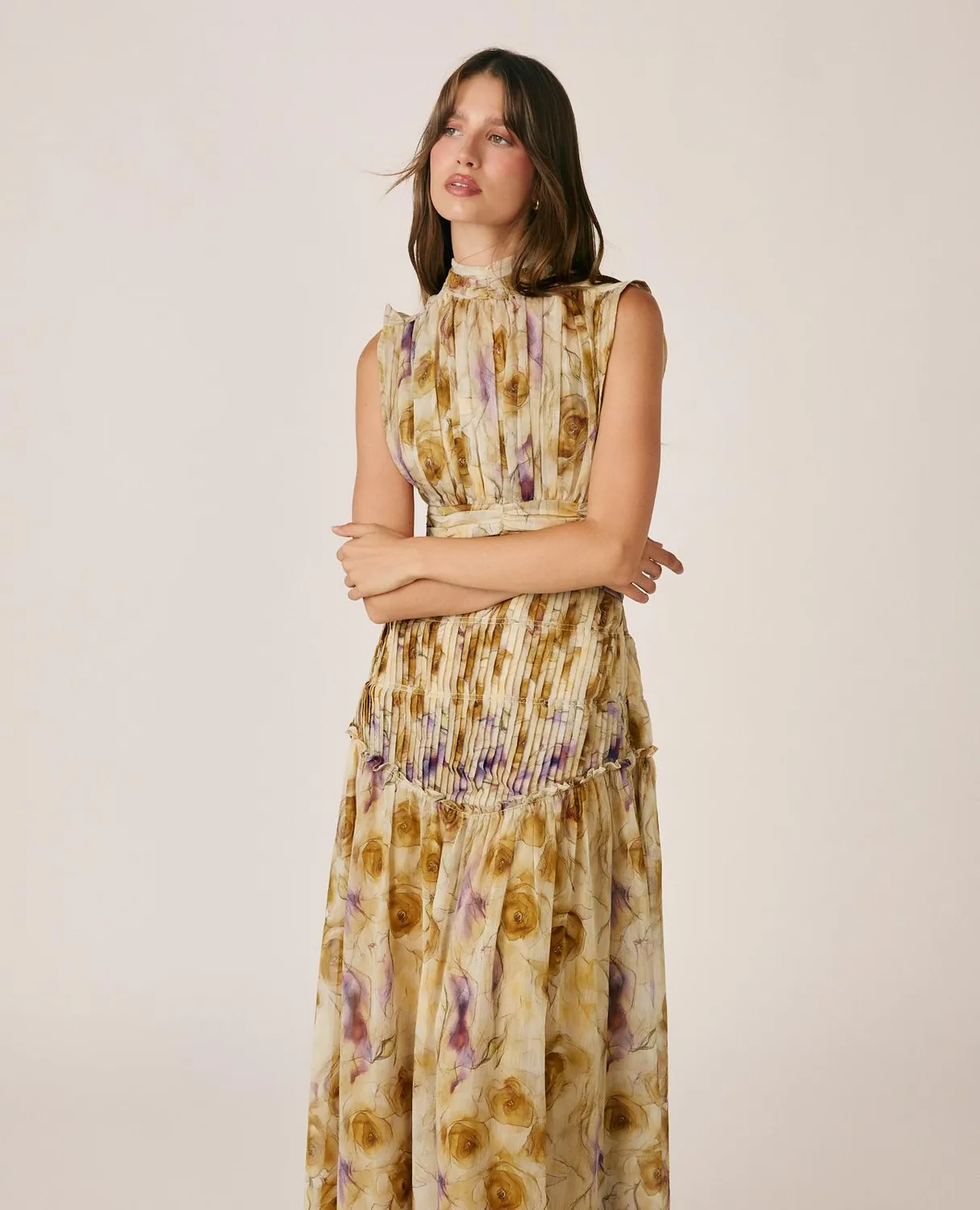 Alma en Pena I26CL0203 robe longue moutarde floral
