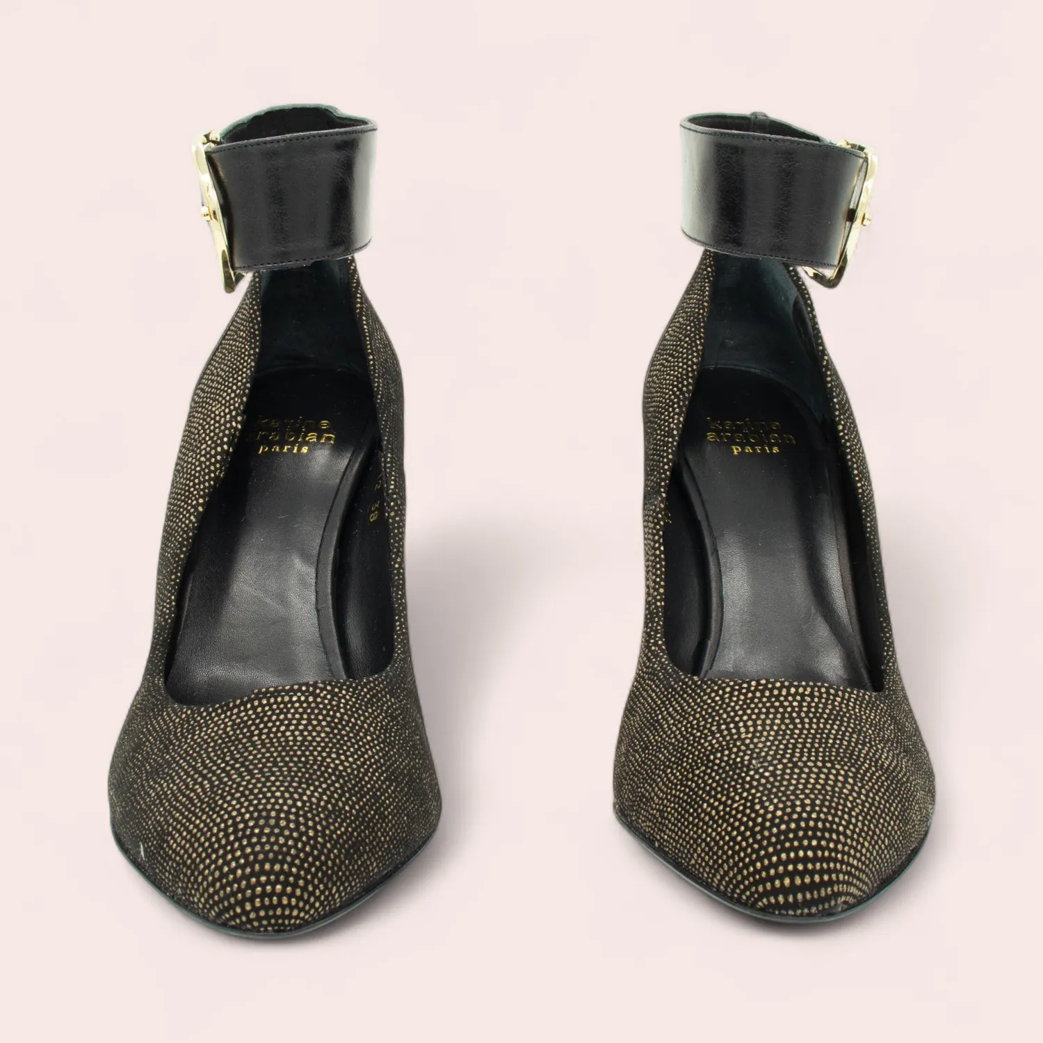 Karine Arabian Elsa escarpins noir or pâle panthère 90mm