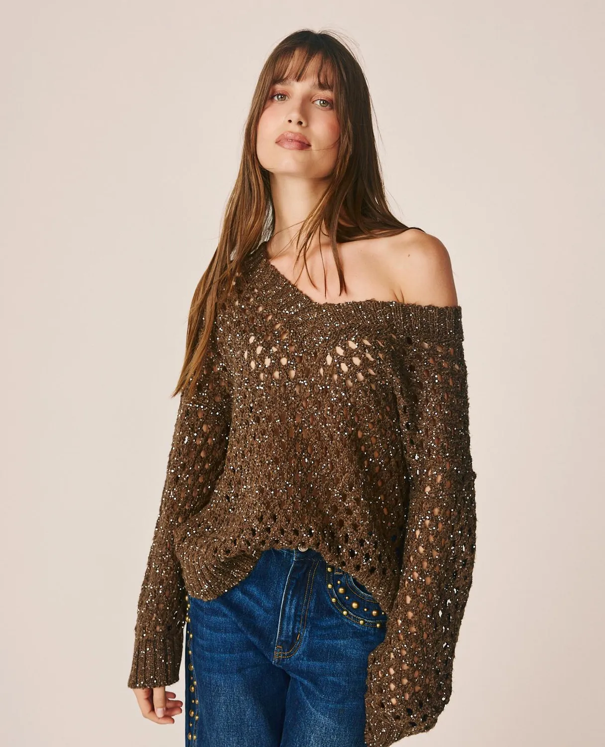 Alma en Pena I26CL0802 pull marron ajouré col V