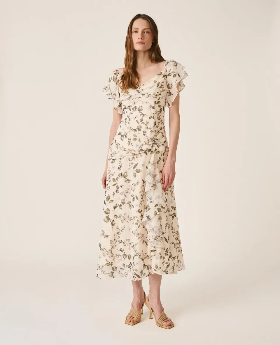 Alma en Pena V26CL0242 robe longue verte fleurie cape