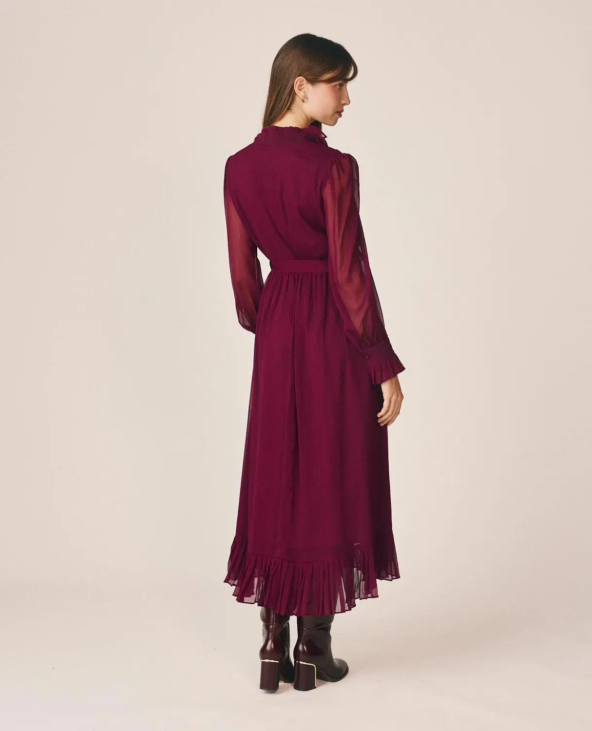 Alma en Pena I26CL0242 robe midi bordeaux gaze col chemisier