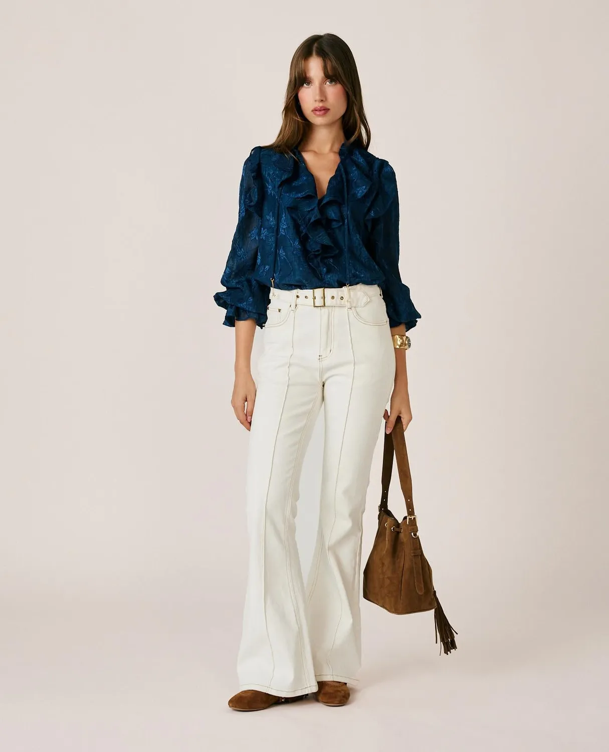 Alma en Pena I26CL0402 blouse jacquard bleu broderie