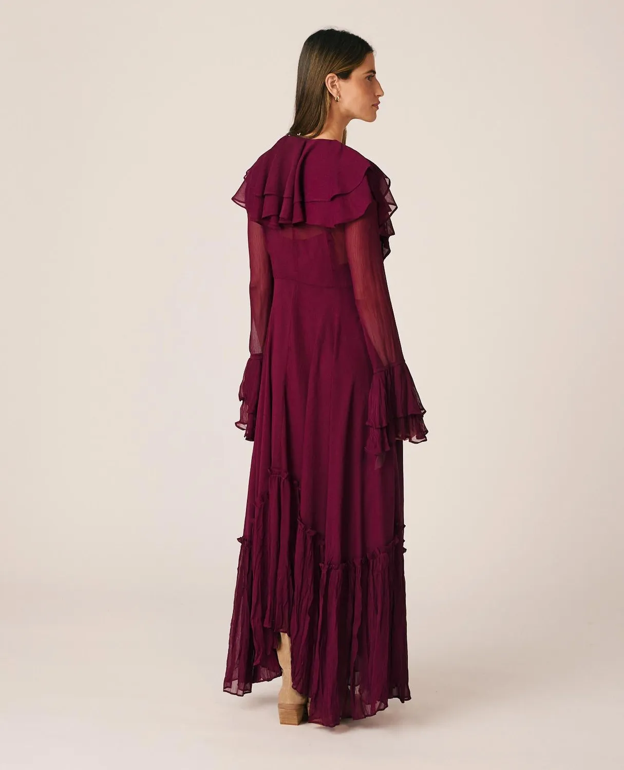 Alma en Pena I26CL0205 robe longue gaze bordeaux volants