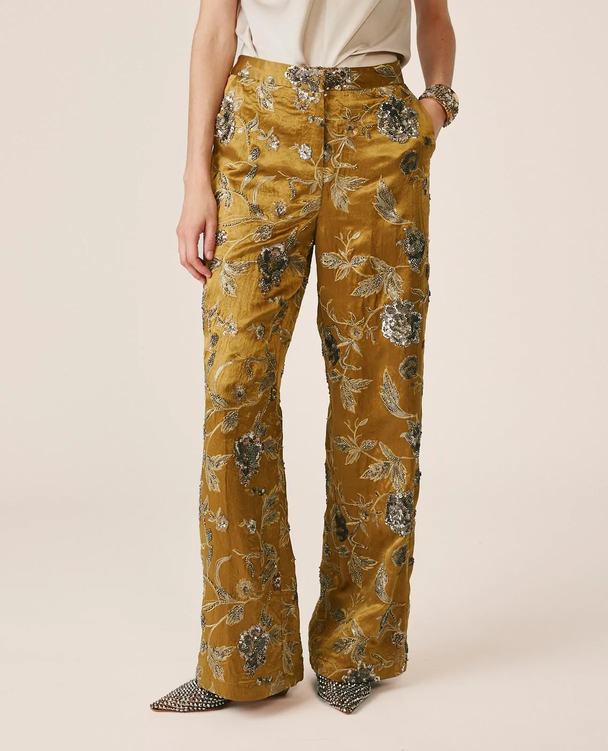 Alma en Pena V26CL1616 pantalon fleurs kaki taille S taille haute